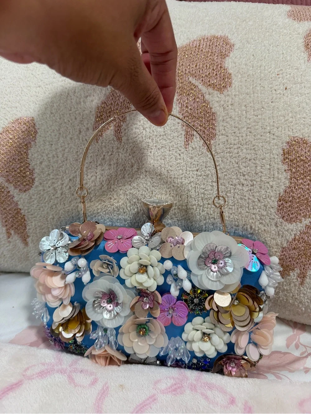 bebe Blue Floral Appliqué Evening Clutch